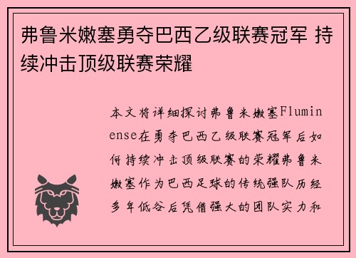 弗鲁米嫩塞勇夺巴西乙级联赛冠军 持续冲击顶级联赛荣耀