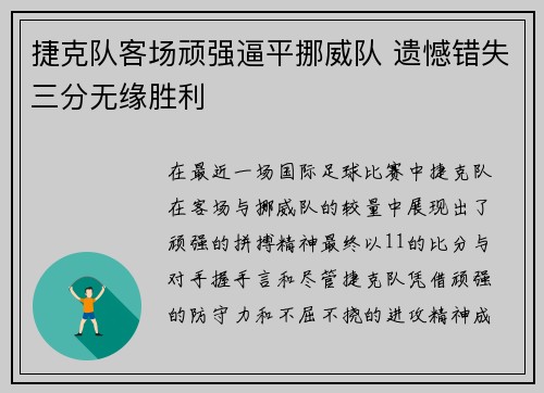 捷克队客场顽强逼平挪威队 遗憾错失三分无缘胜利