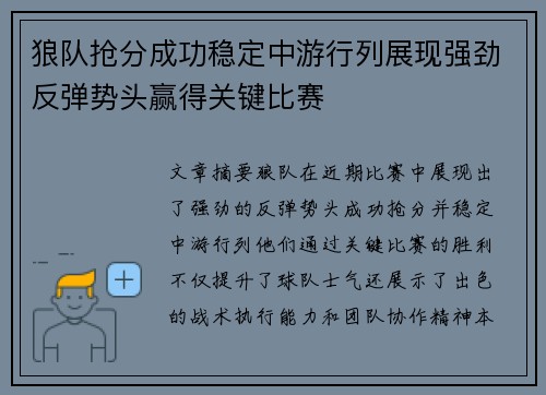 狼队抢分成功稳定中游行列展现强劲反弹势头赢得关键比赛