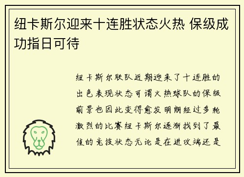 纽卡斯尔迎来十连胜状态火热 保级成功指日可待