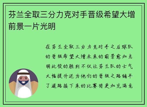 芬兰全取三分力克对手晋级希望大增前景一片光明
