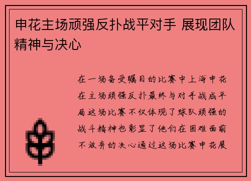 申花主场顽强反扑战平对手 展现团队精神与决心